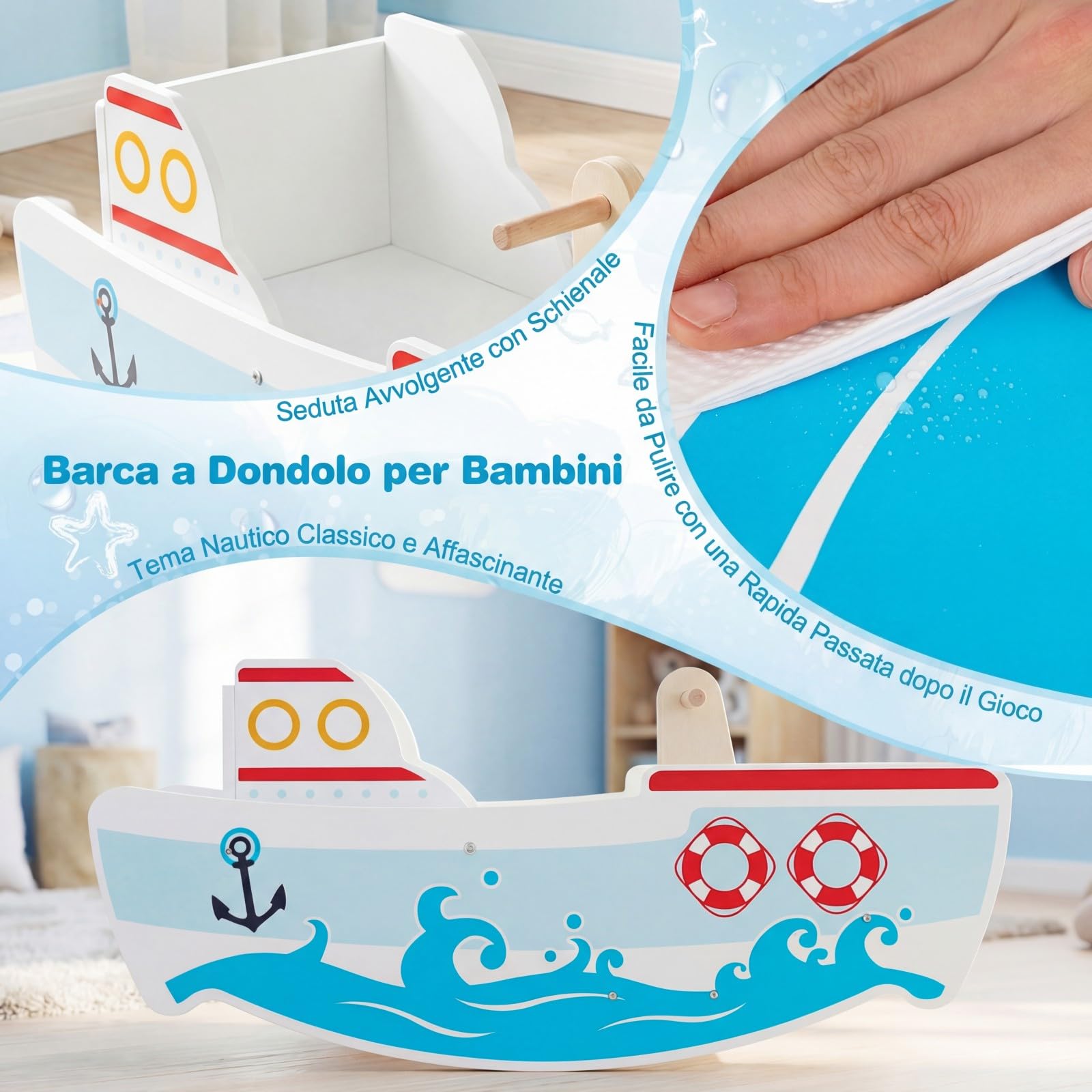 COSTWAY Cavallo a Dondolo per Bambini, Nave a Dondolo in Legno a Tema Nautico, Manici in Legno, Carico 50 kg, per Bambini 1-5 Anni