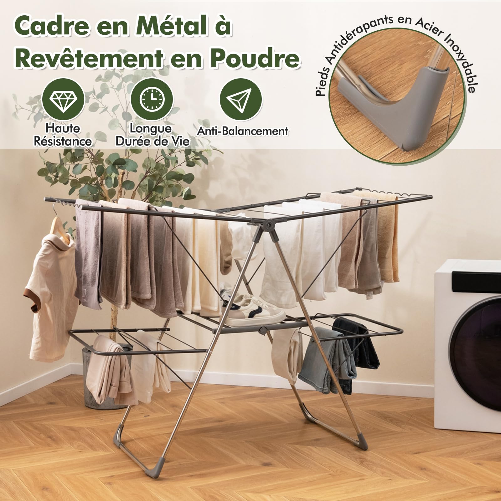 COSTWAY Etendoir Linge Pliable, Sechoir a Linge Pliable 33 Barres, Pieds en Acier Inoxydable, Hauteur Réglable 75-130 cm, Pinces à Chaussettes, Tancarville Seche Linge Intérieur Extérieur