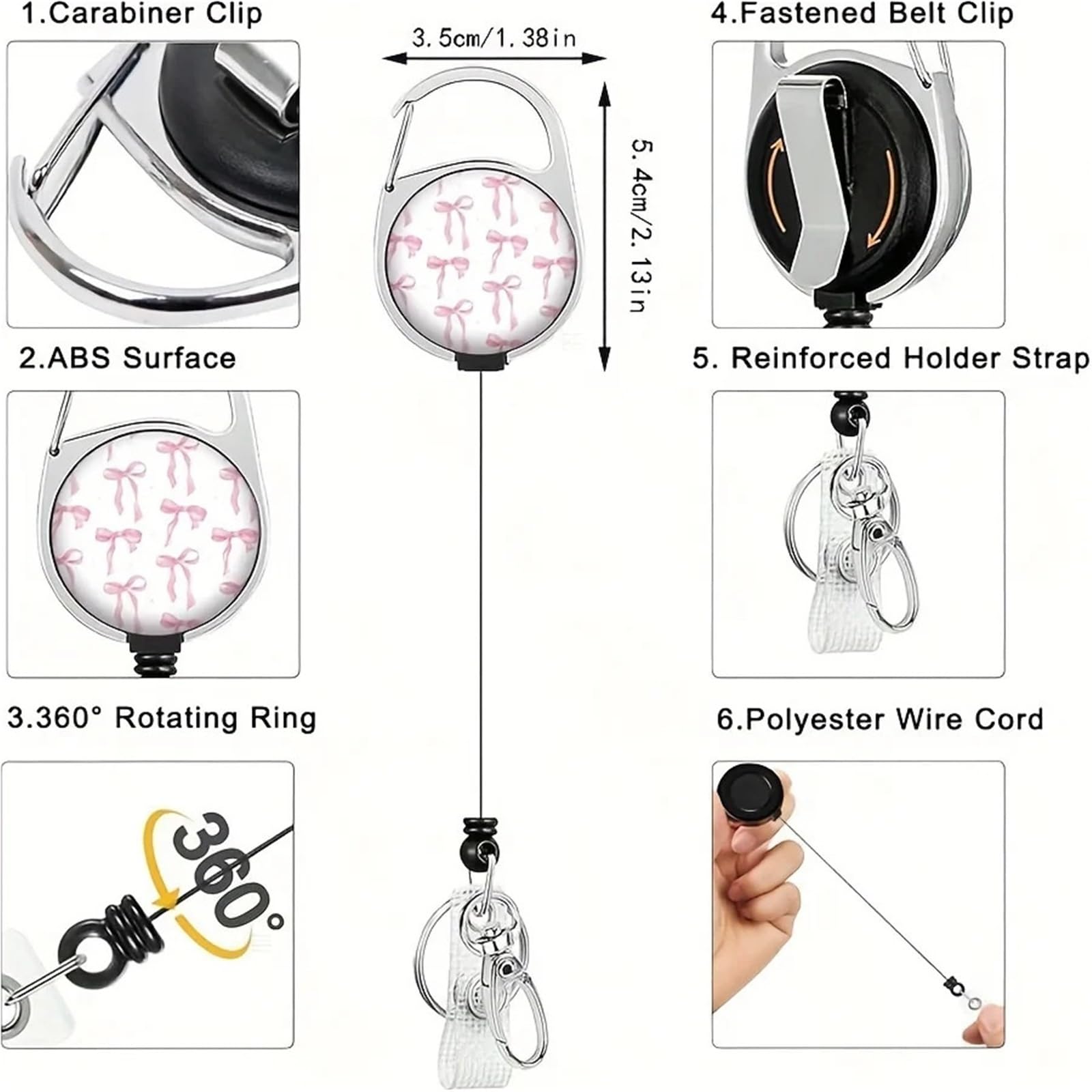 Lot de 10 porte-badges avec rouleau extensible, joli nœud rose et cordon amovible, fournitures de bureau pour étudiants, cartes bancaires (combinaison nœud rose)