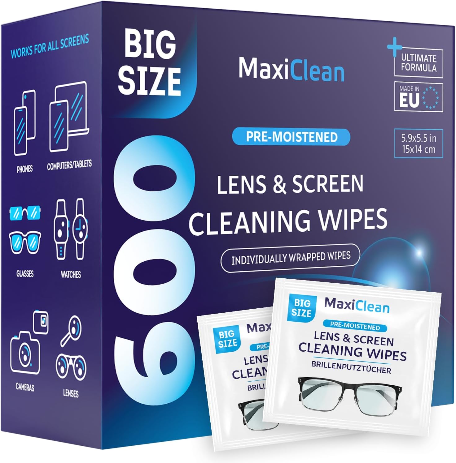 600 Eye Glass Wipes Individually Wrapped Glasses Wet Wipe Lens er Bulk Tissues Pack Laptops Screen er Travel Sunglasses Camera ing Pre-Moistened Reading Eyeglasses Wipes 5.9 x 5.5