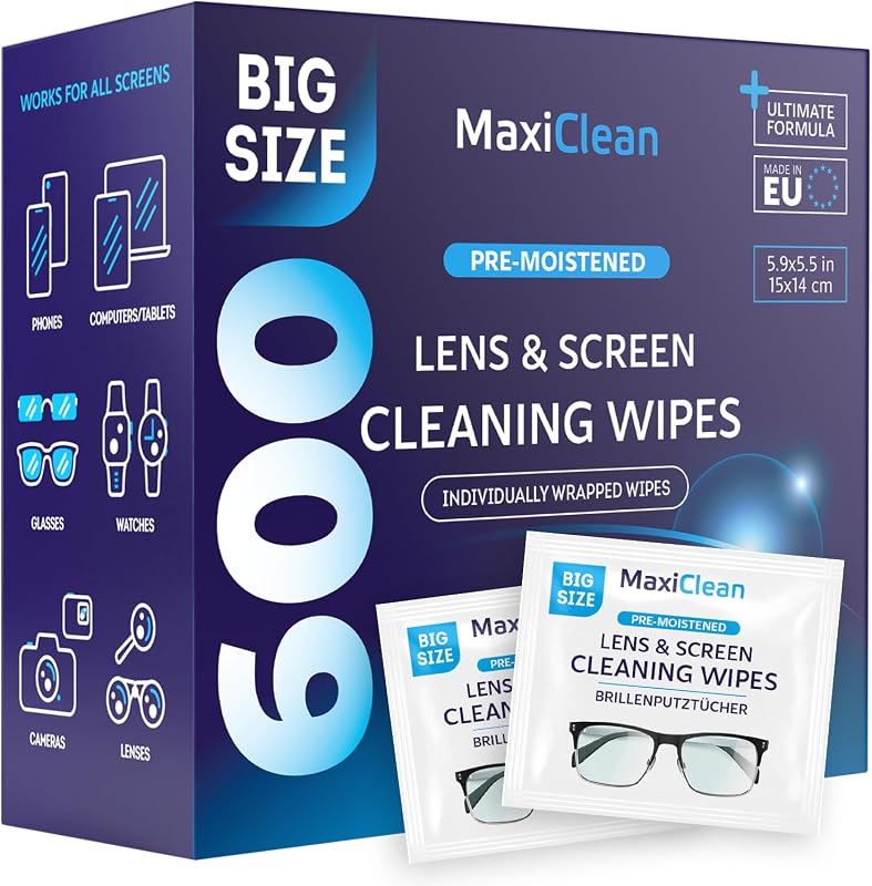 Toallitas para lentes Limpiador de lentes - Toallitas para lentes para lentes - 600 toallitas prehumedecidas envueltas individualmente para lentes, electrónica, teléfono, computadora, pantalla de portátil - Limpiador de lentes de cámara - Fabricado en la UE