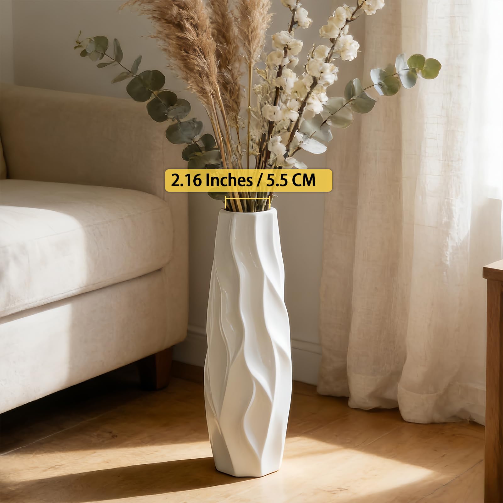 Weiße Bodenvase aus Keramik, 45 cm Groß, Minimalistische Dekovase für Blumen, Pampasgras, Für Wohnzimmer, Büro und Schlafzimmer
