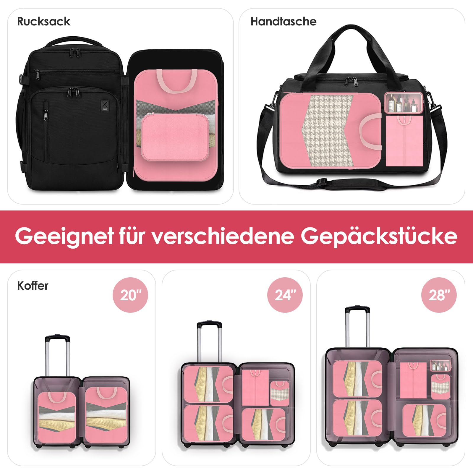 10-teilige Packing Cubes Compression Set, Kompressions-Aufbewahrungsset inkl.Wäschesack/Schuhbeutel/Unterwäschebeutel/Kordelzugbeutel/transparenter Kulturbeutel (Rosa Kompression 10 Pcs)