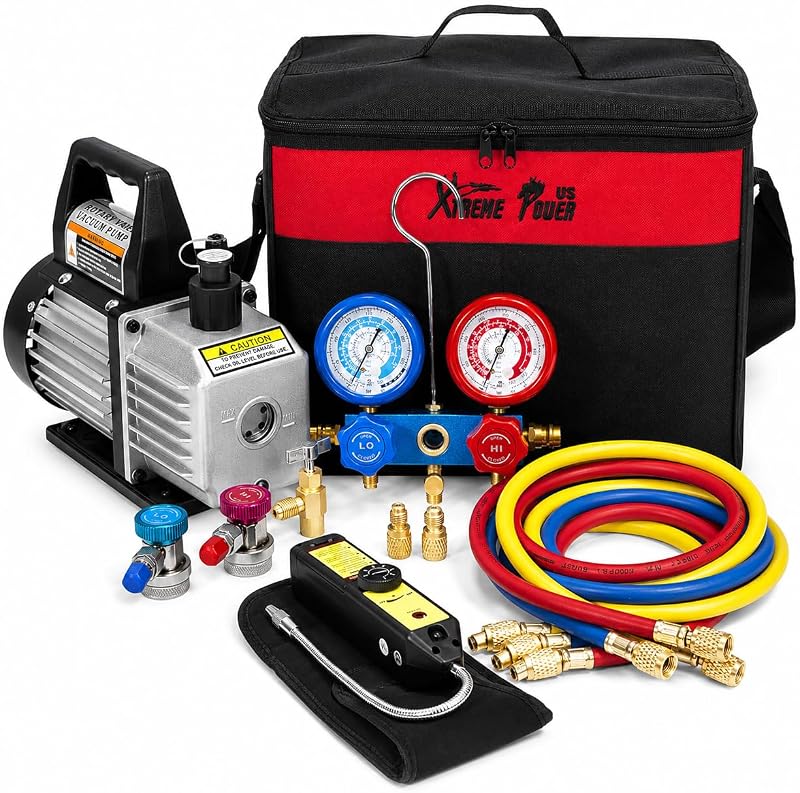 XtremepowerUS Kit de bomba de vacío HVAC de 4 CFM con juego de manómetro R134a R22 R32 R410A, detector de fugas, acopladores rápidos R134a, grifo de lata y bolsa de transporte para recarga de refrigeración de CA