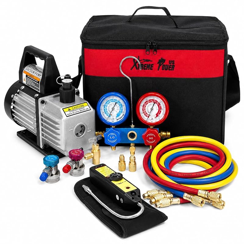 Kit de Bomba de Vácuo 4 CFM XtremepowerUS com Manifold para HVAC, Detector de Vazamentos, Acopladores R134a e Bolsa – Modelo 71098