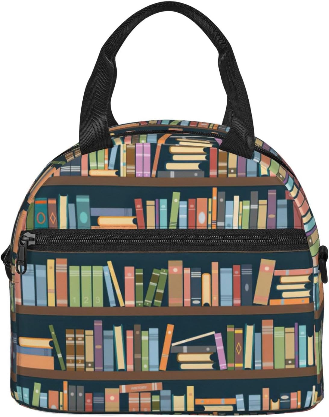 Cartoon Bookshelf Bookworm Print Crossbody Insulated Lunch Bags For Women Men Cooler Bag Lightweight Waterproof Lunch Box