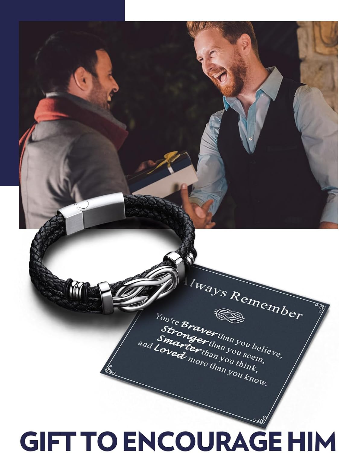 Bandmax Infinity Love Knot Bracelet for Men Black Leather Love Link Cuff Bracelet Mens Gifts for Father's Day Birthday Anniversary Christmas