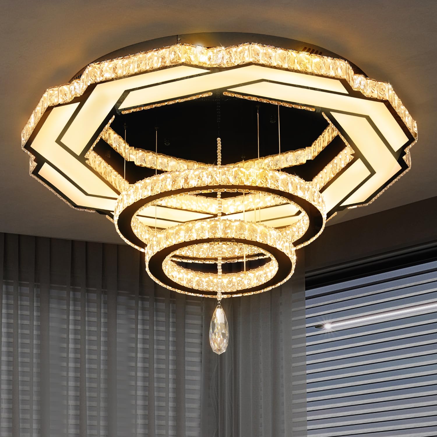 flashing god 24" modern crystal chandeliers living room modern crystal ceiling light flush mount chandelier for dining room bedrooms entryway led dimmable lighting(black)