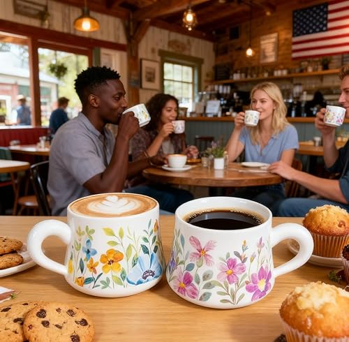 Miniatura 6 de Juego de 4 tazas de café, tazas de té de cerámica de 9 onzas, diseño floral vintage original, tazas de capuchino, tazas de café, tazas de té con