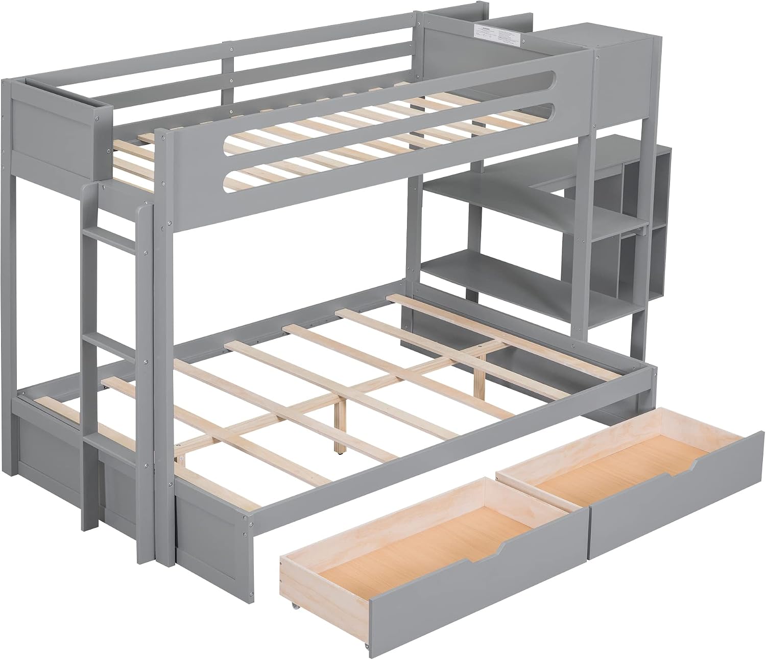 Bellemave Twin Over Full Bunk Bed with Desk & Storage Drawers, Wood Bunk Bed Frame with Bookcase & L-Shape Desk, Wooden Bunk Beds with Ladder & Guardrails for Kids Boys Girls Teens, Gray