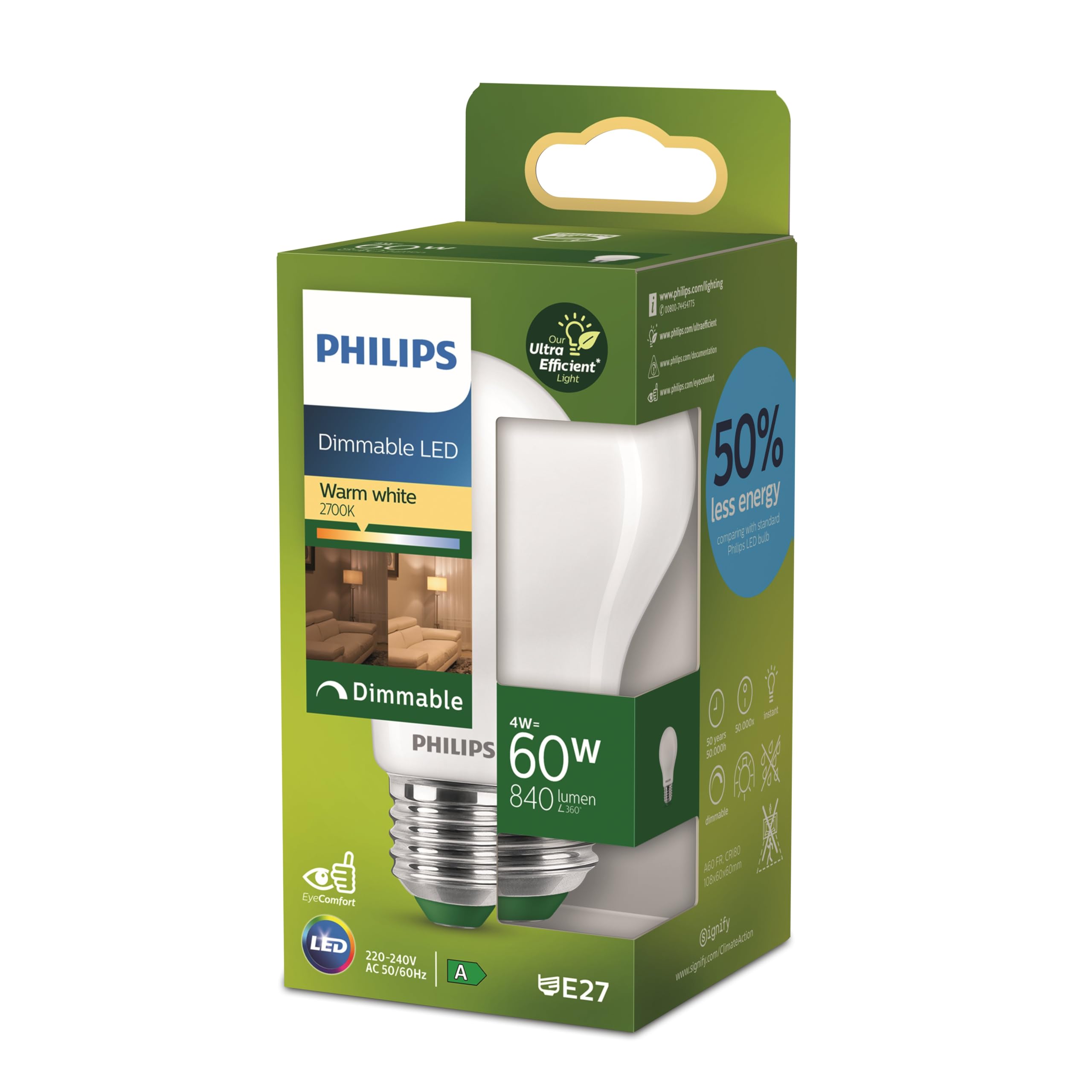 Philips LED-Glühbirne klassisch, UltraEfficient, 60W, 840Lm, A60, E27 2700K, mattes Glas, dimmbar, Matt