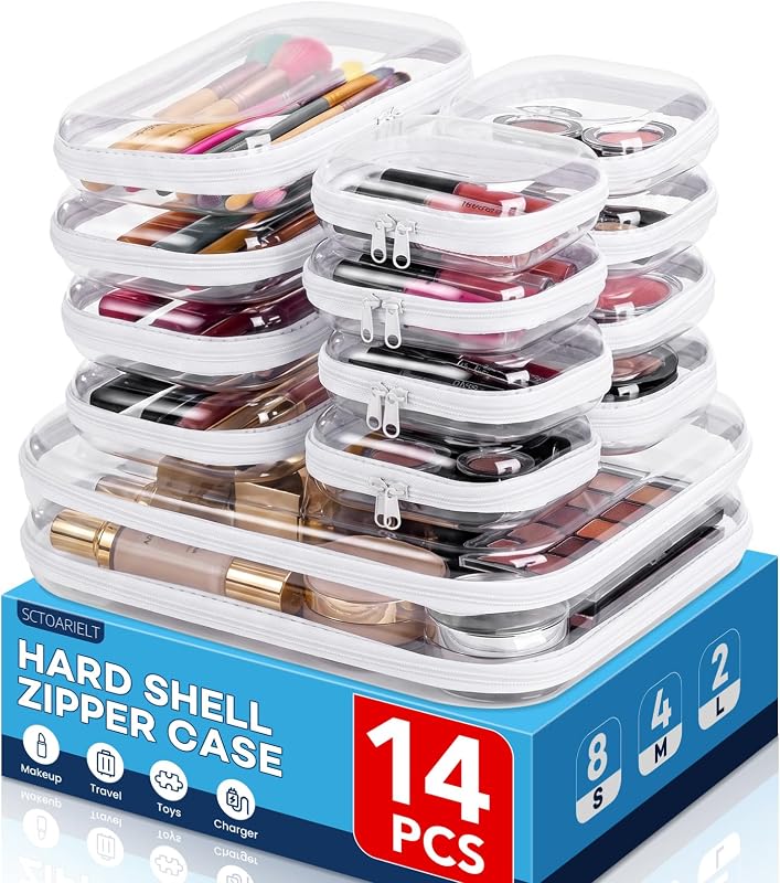 SCTOARIELT Conjunto com 14 necessaires transparentes rígidas com zíper, 2L, 4M e 8S