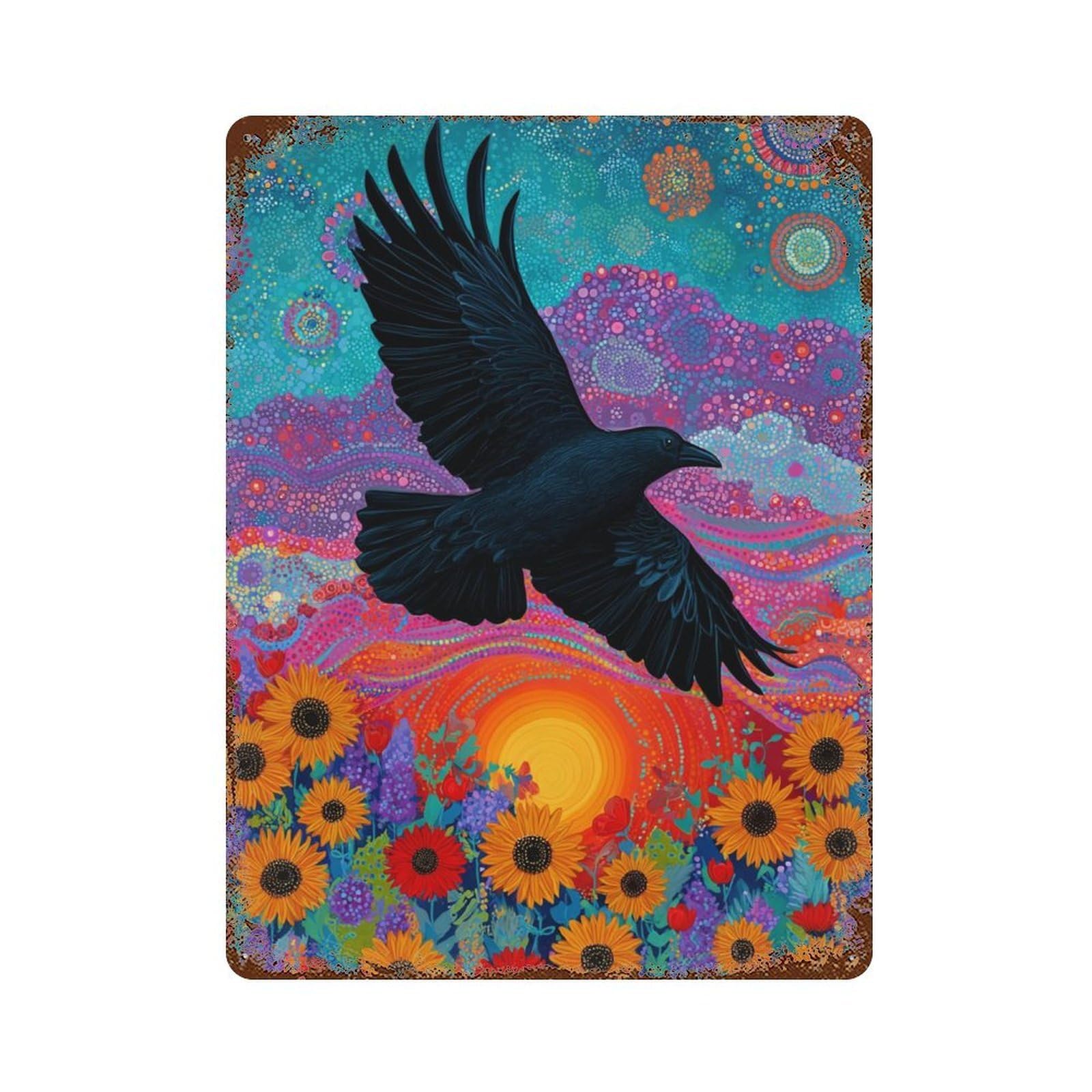 Colorful Raven Art Print 15.7"x11.8" Rust Effect Tin Sign, Old School Wall Decor for Pub, Kitchen And Man Cave Decor