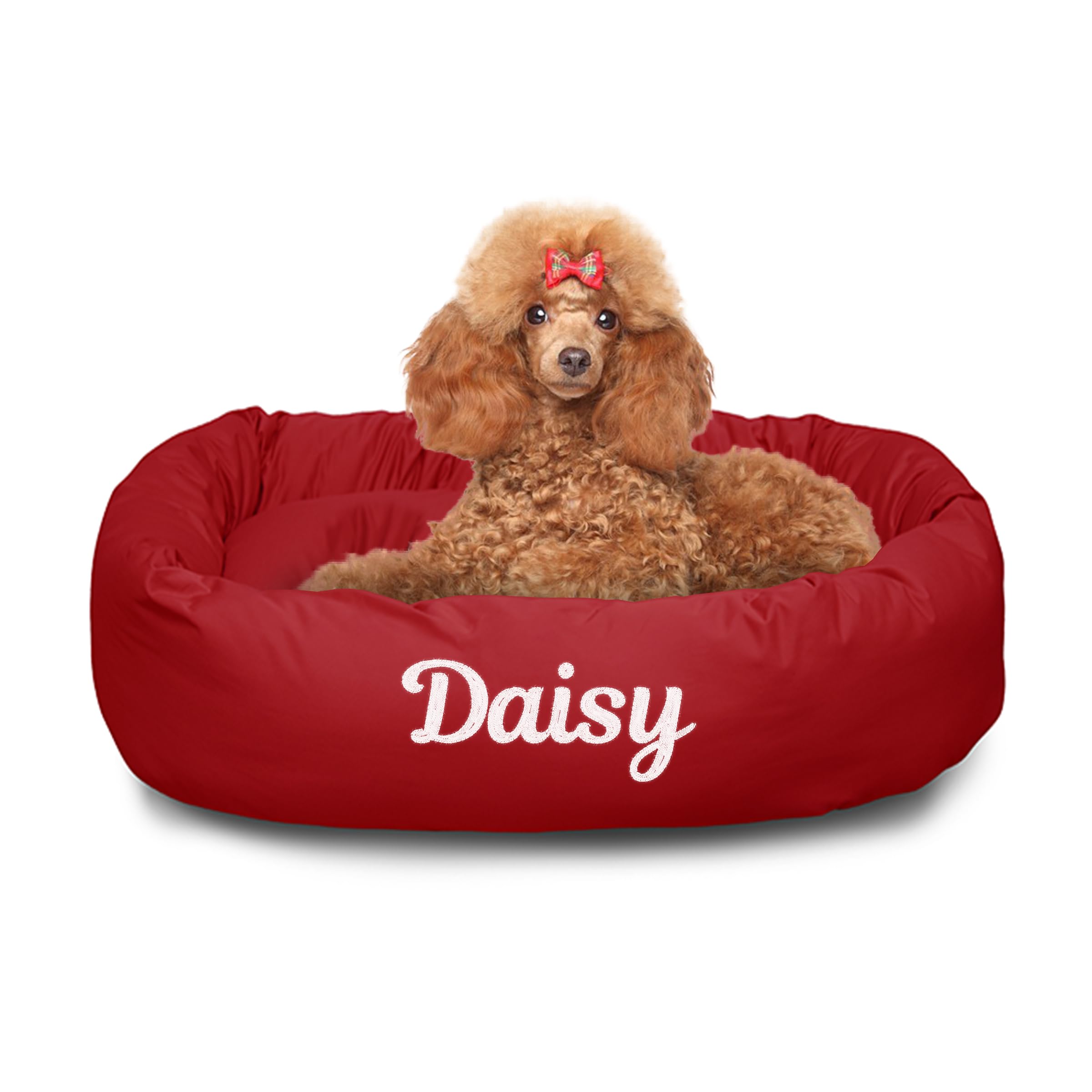 Majestic Pet Personalized 32 Inch Bagel Calming Dog Bed - Washable, Cozy Soft Round With Spine Support - Fluffy Donut Shape 32x23x7 Inch for Medium Dogs - Red