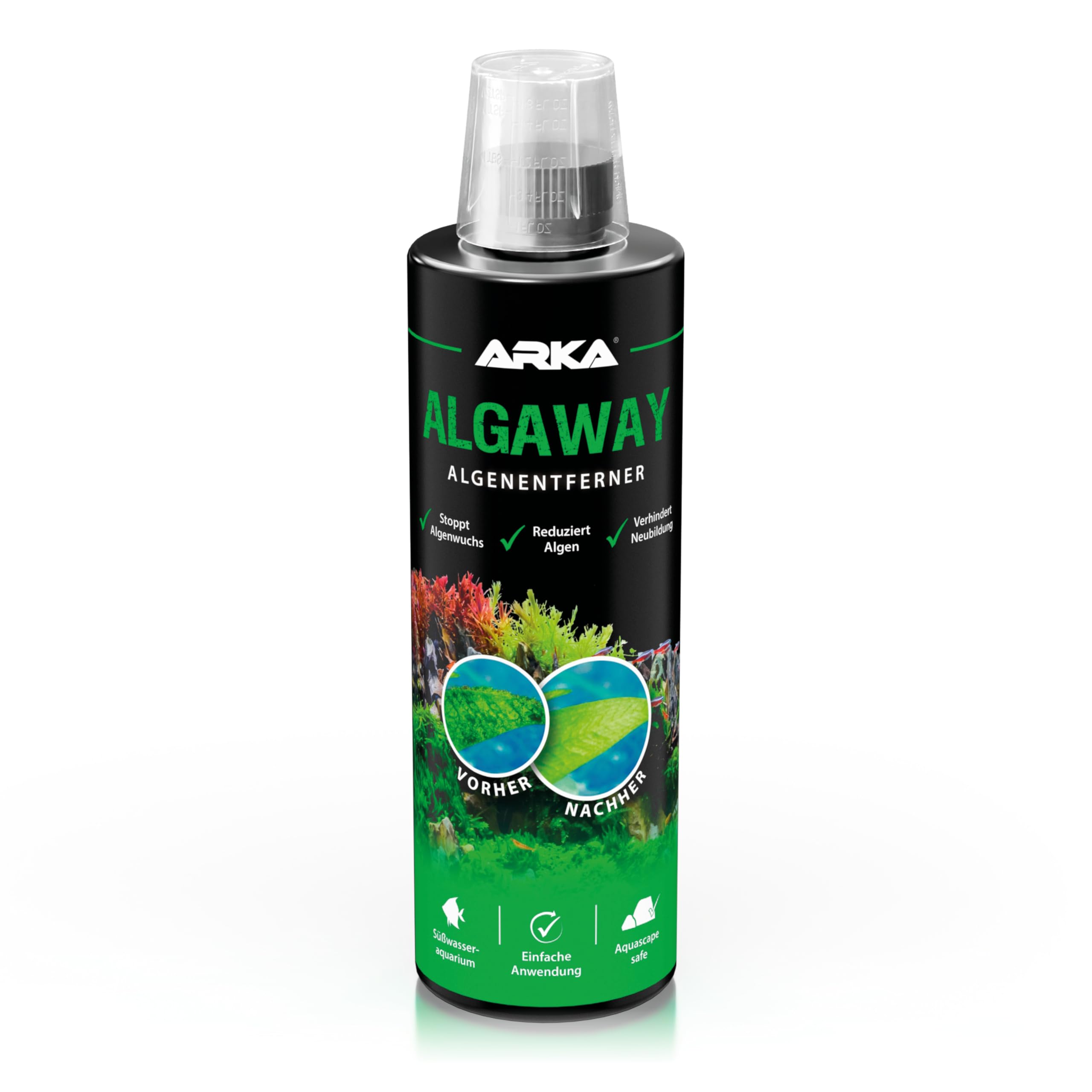 Algenvernichter Aquarium 473 ml – gegen Faden-, Punkt- & Grünalgen – kupferfrei & pflanzensicher – für klares Wasser & gesunde Pflanzen im Süßwasseraquarium – ARKA Algaway