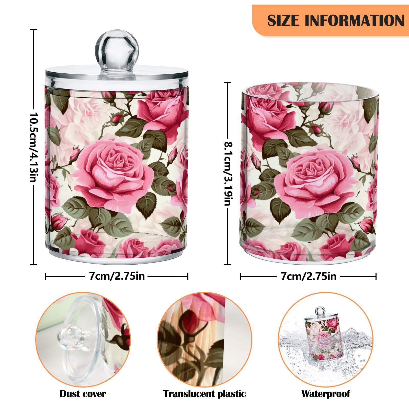 MNSRUU 2 Pack Qtip Holder Organizer Dispenser Pink Rose Flower Pink Bathroom Storage Canister Cotton Ball Holder Bathroom Containers for Cotton Swabs/Pads/Floss