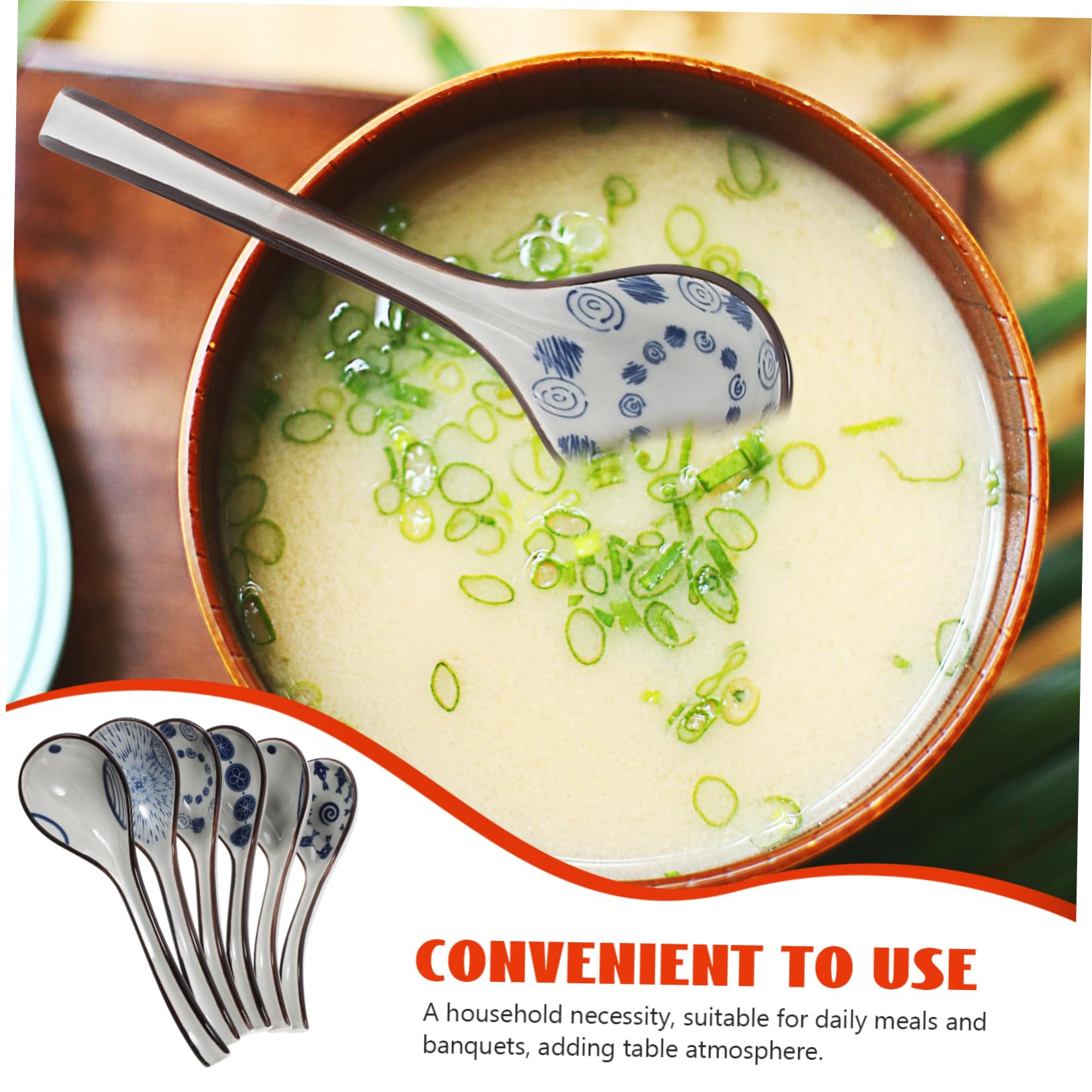 6 Stück Suppenlöffel aus Keramik Langstielig für Suppe oder Knödel Asiatischer Spoon mit Klassischem Muster