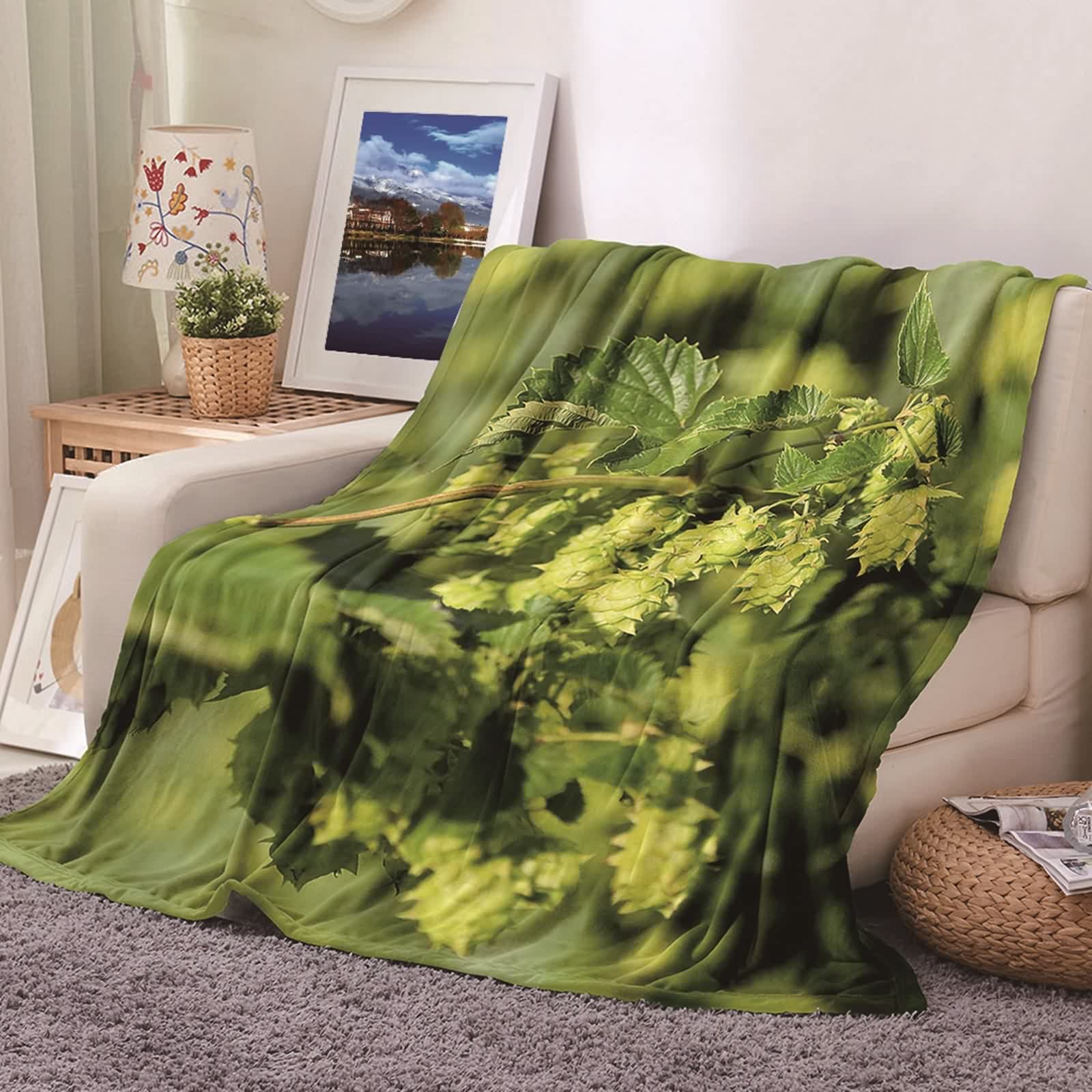 Couverture en flannel douce 80x120cm plaid polaire feuilles vert pour canapé