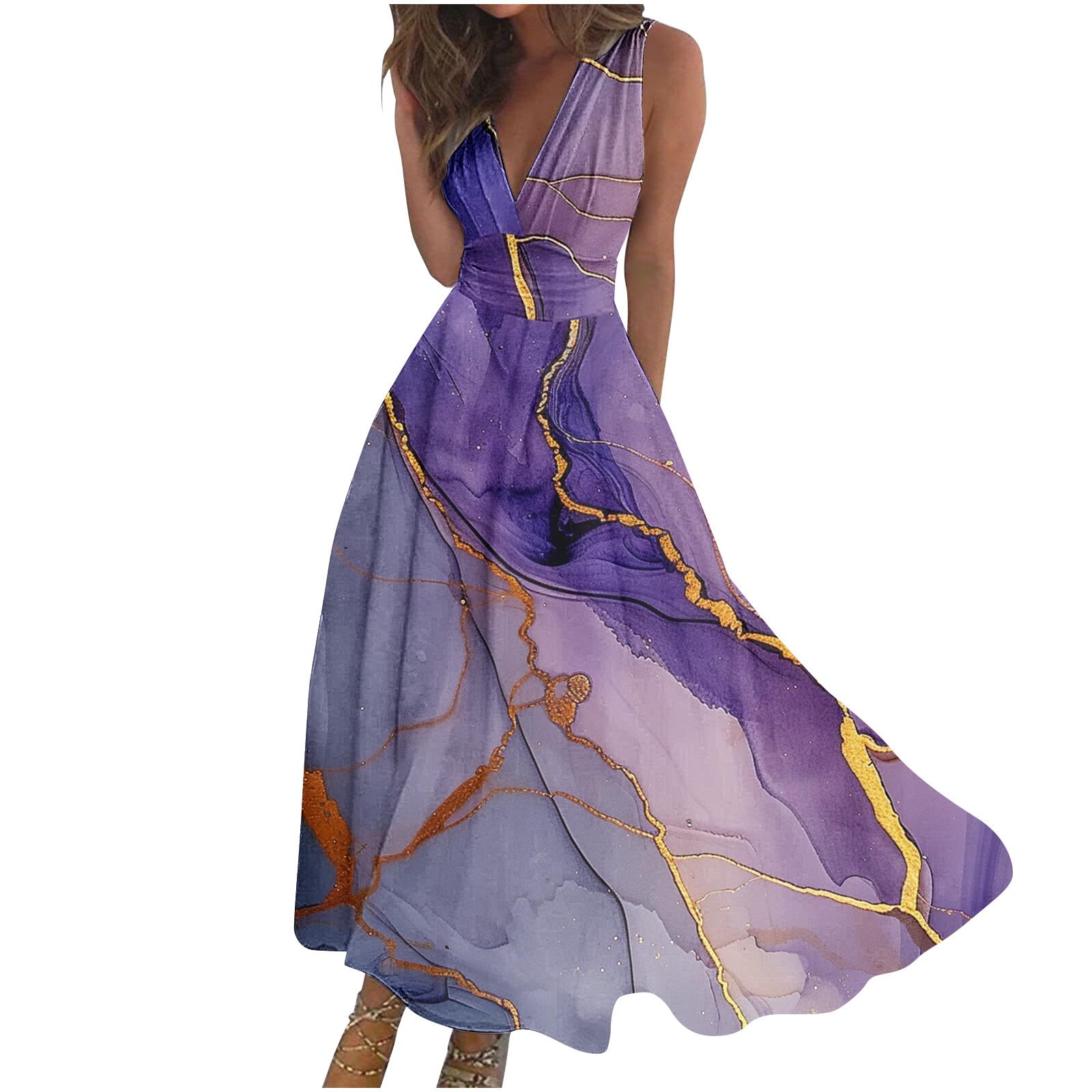 Generic Vestido juvenil sin mangas para mujer, cuello en V profundo, flores de mármol, vestido largo y sexy, vestido de verano y otoño 2024