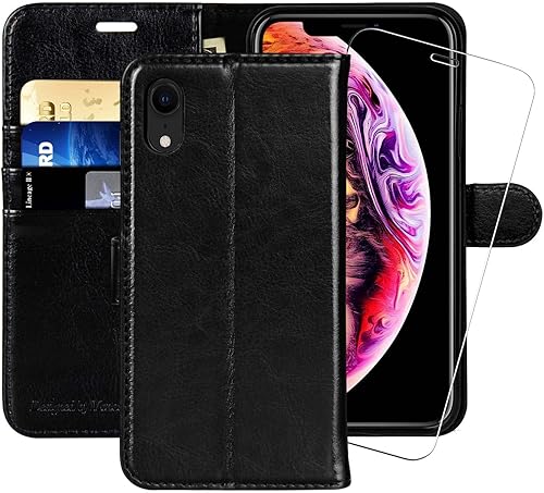 MONASAY Funda tipo cartera compatible con iPhone XR de 6.1 pulgadas, protector de pantalla de cristal incluido, bloqueo RFID, funda de piel con tapa