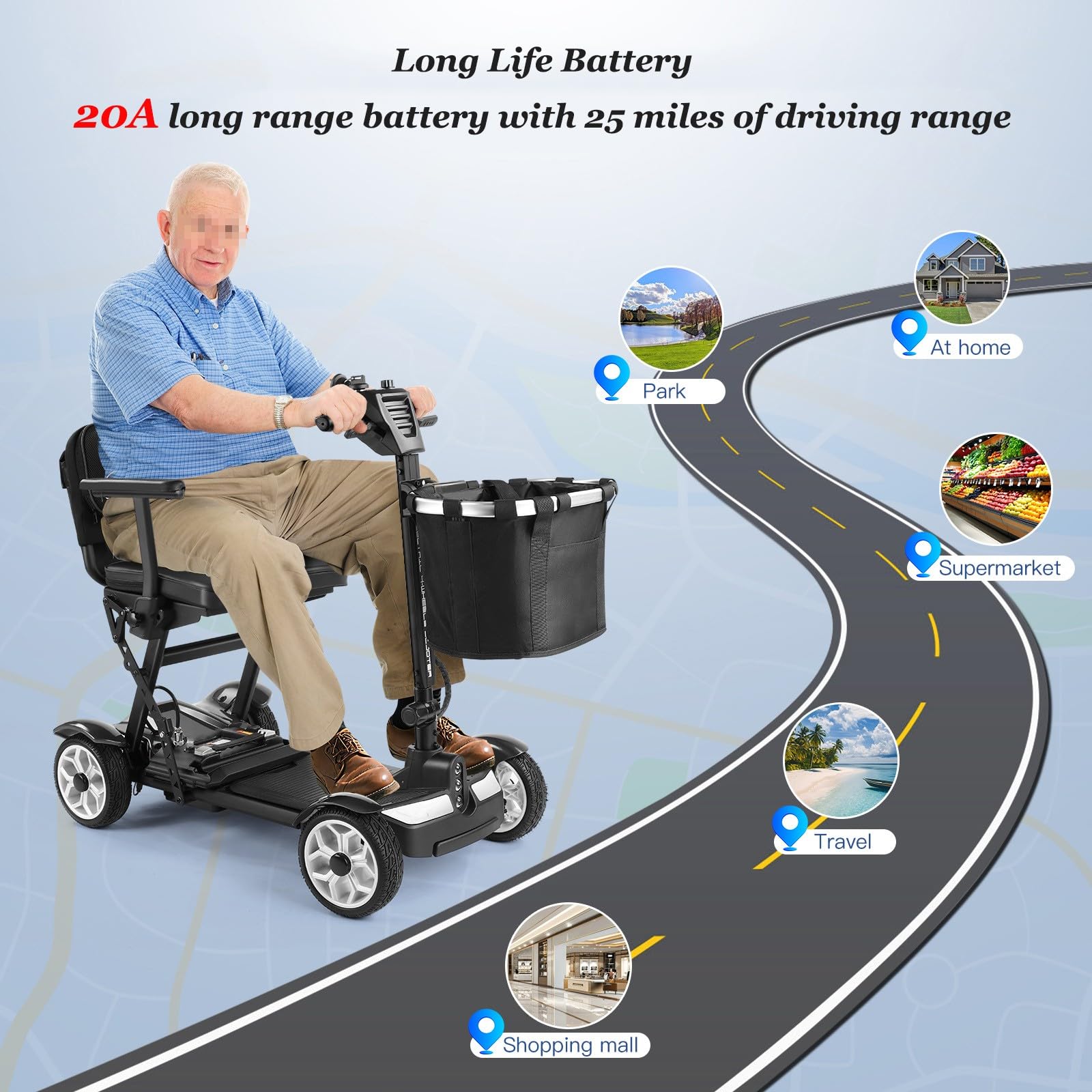 Scooter De Movilidad De 4 Ruedas,Scooter De Movilidad Plegable,Silla De Movilidad De 4 Ruedas,Scooters De Movilidad Para Personas Mayores Y Adultos,Equipado Con Batería Extraíble 20Ah