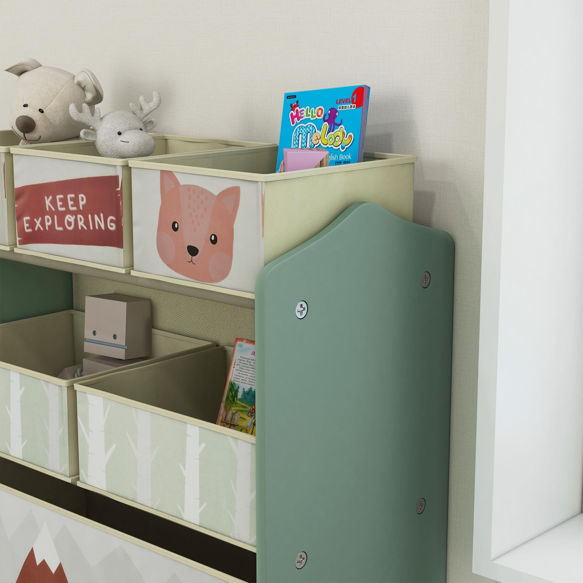 ZONEKIZ Kinderregal, Spielzeugregal mit 6 herausnehmbaren Aufbewahrungsboxen aus Vliesstoff, Bücherregal, Kinderzimmerregal für Kinderzimmer, Kindergarten, Spielzimmer, 63x30x66 cm, Grün