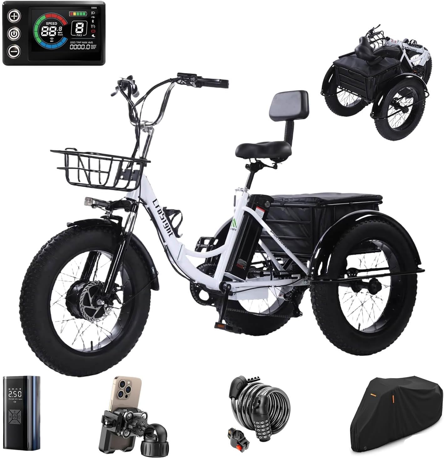 Electric Tricycle for Adults, 20"x4" Fat Tire Electric Trike,750W(Peak 1700W) 48V 20Ah,3 Wheel Folding Electric Tricycle, 22MPH 75KM 7 Speed Bicycle