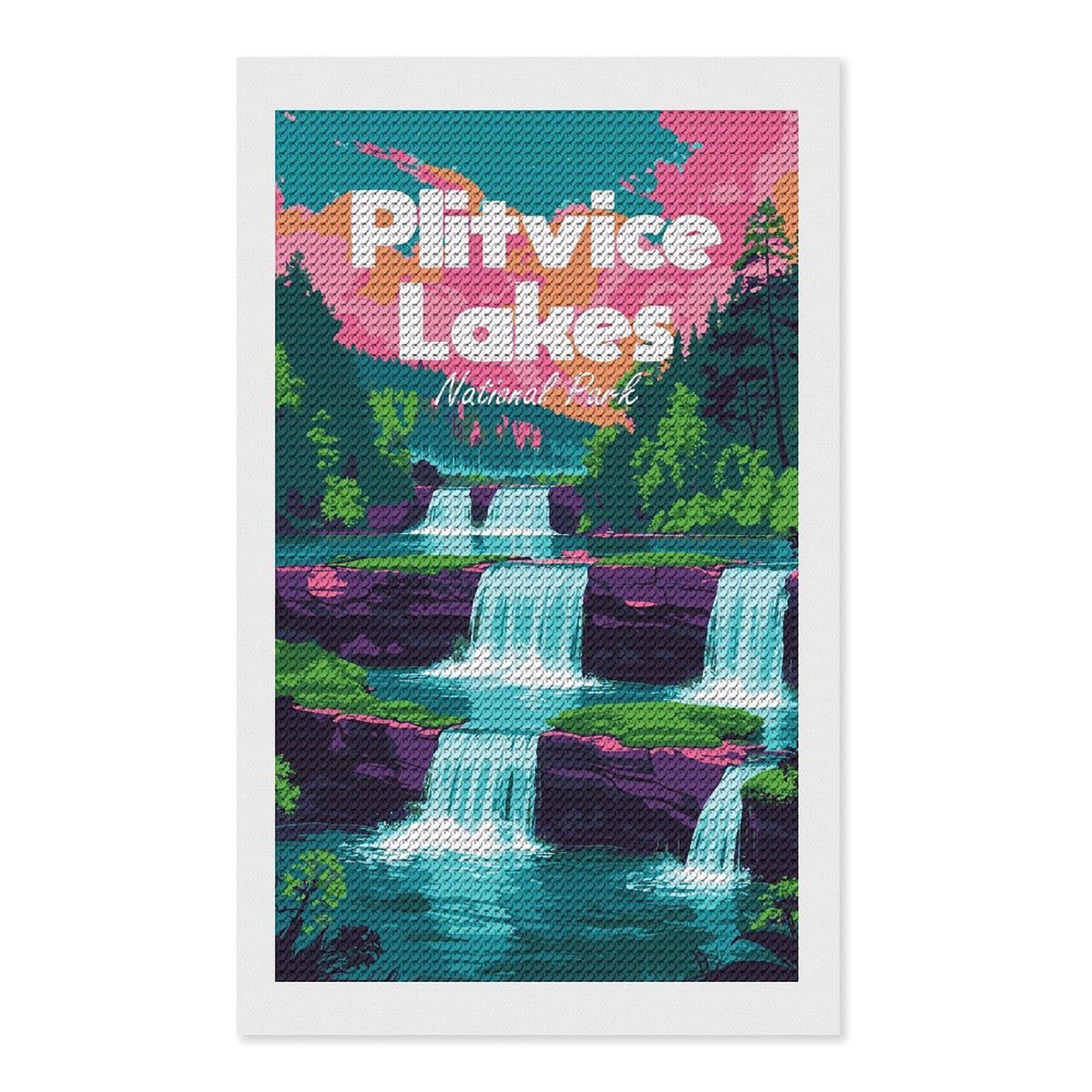 Junmoney Plitvice Lakes National Park Illustration DIY Diamond Art Canvas Kit 12"x20", for Adults, Decorate Your Room, Gift Idea, Modern Decor, Finish and Display