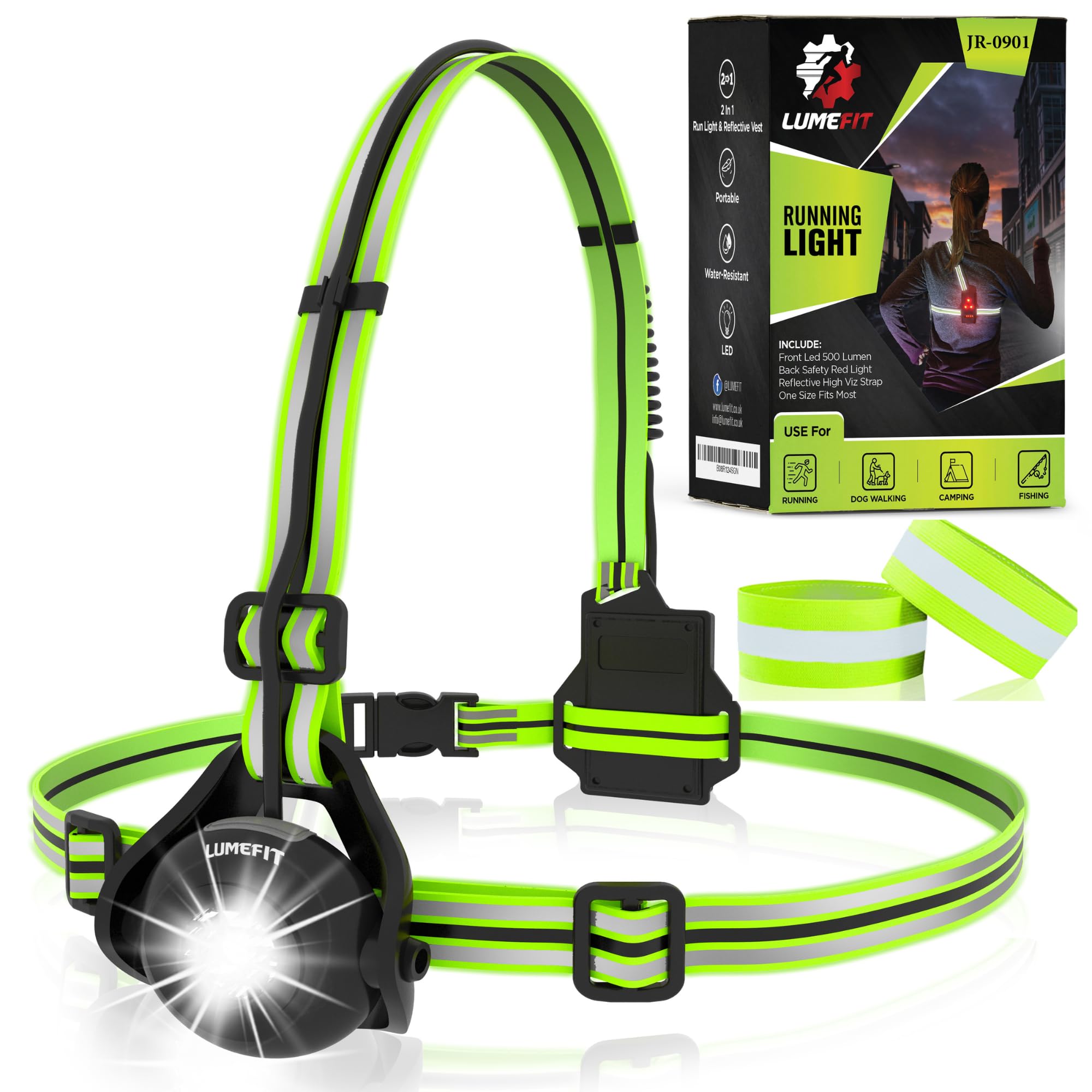 Running Light for Runners - Chest LED Lamp Run Light - 90° Adjustable Beam Angle, 500 Lumen 360 Degree Reflective Band, USB Rechargeable - Front Body Torch Rear Safety Warning