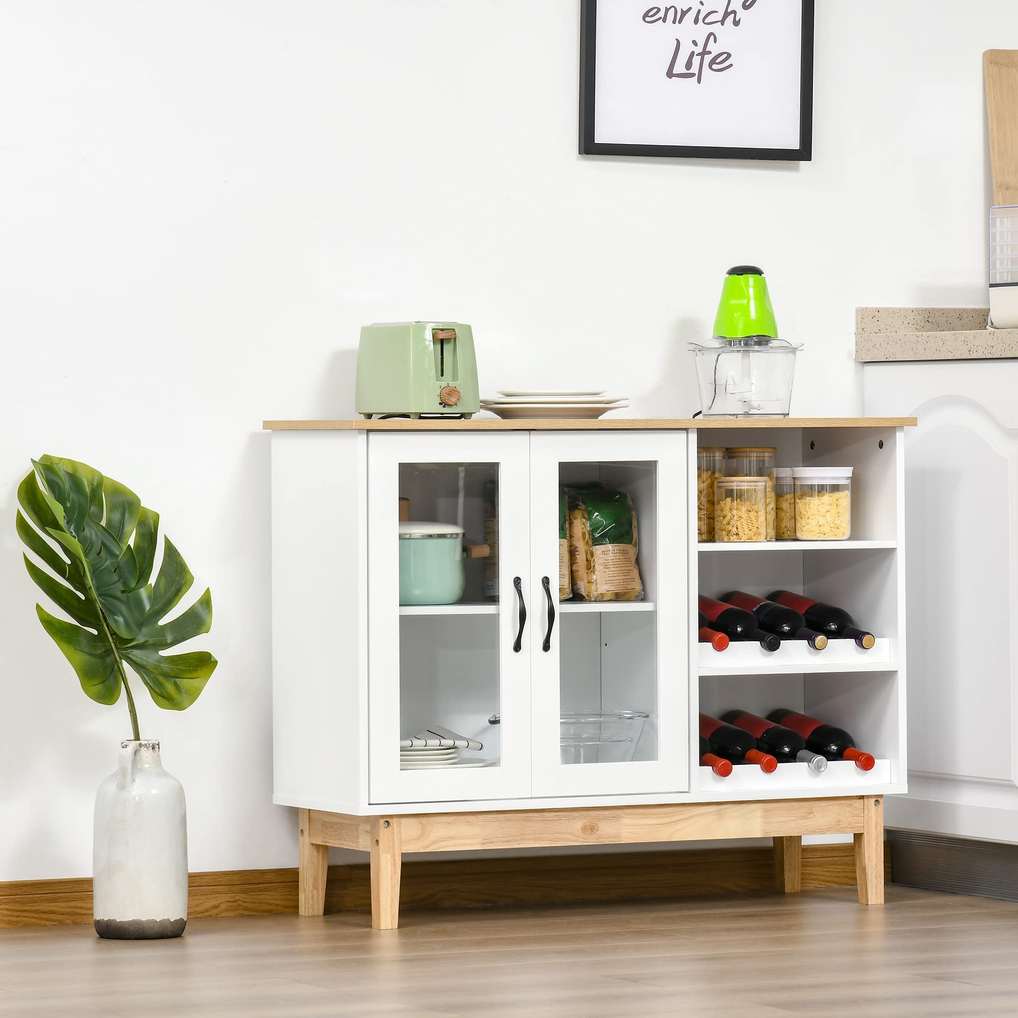 HOMCOM Credenza Moderna con Armadietto, 3 Ripiani Laterali in Legno Massiccio con Cantinetta Portabottiglie, Salvaspazio, 103x34x80cm Bianco