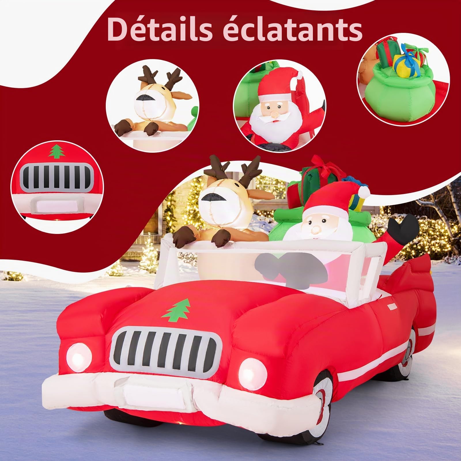 GOPLUS Décoration Noel Exterieur Interieur Gonflable 2,35 m Long, Père Noël Gonflable Lumineux et Renne Noel Conduit Voiture Rouge avec Cadeaux, Décoration Noël Inflable