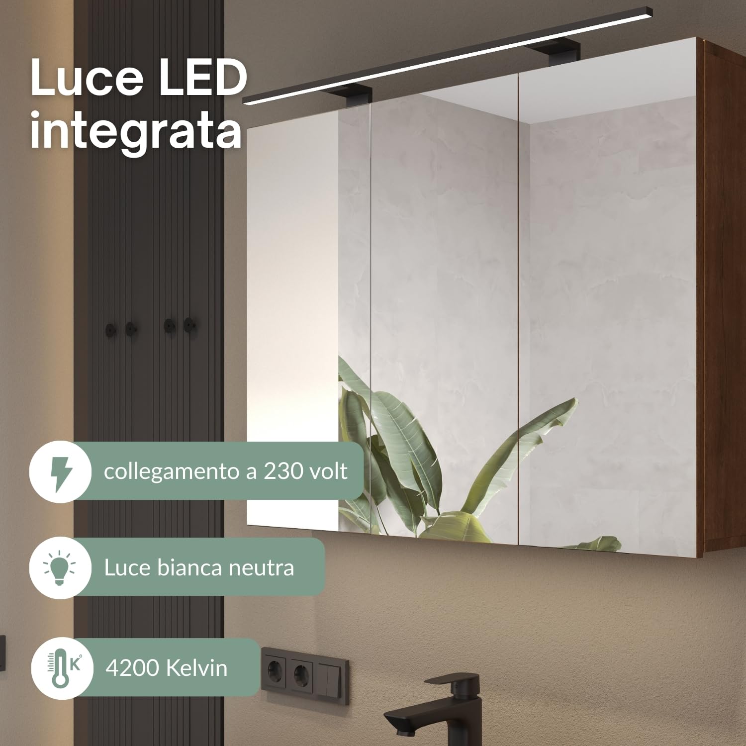 Planetmöbel ARIA Armadio a specchio con illuminazione, 120 x 70 x 16 cm, Armadietto da bagno sospeso con specchio, Rovere dorato, con lampada e presa elettrica, per bagno ospiti