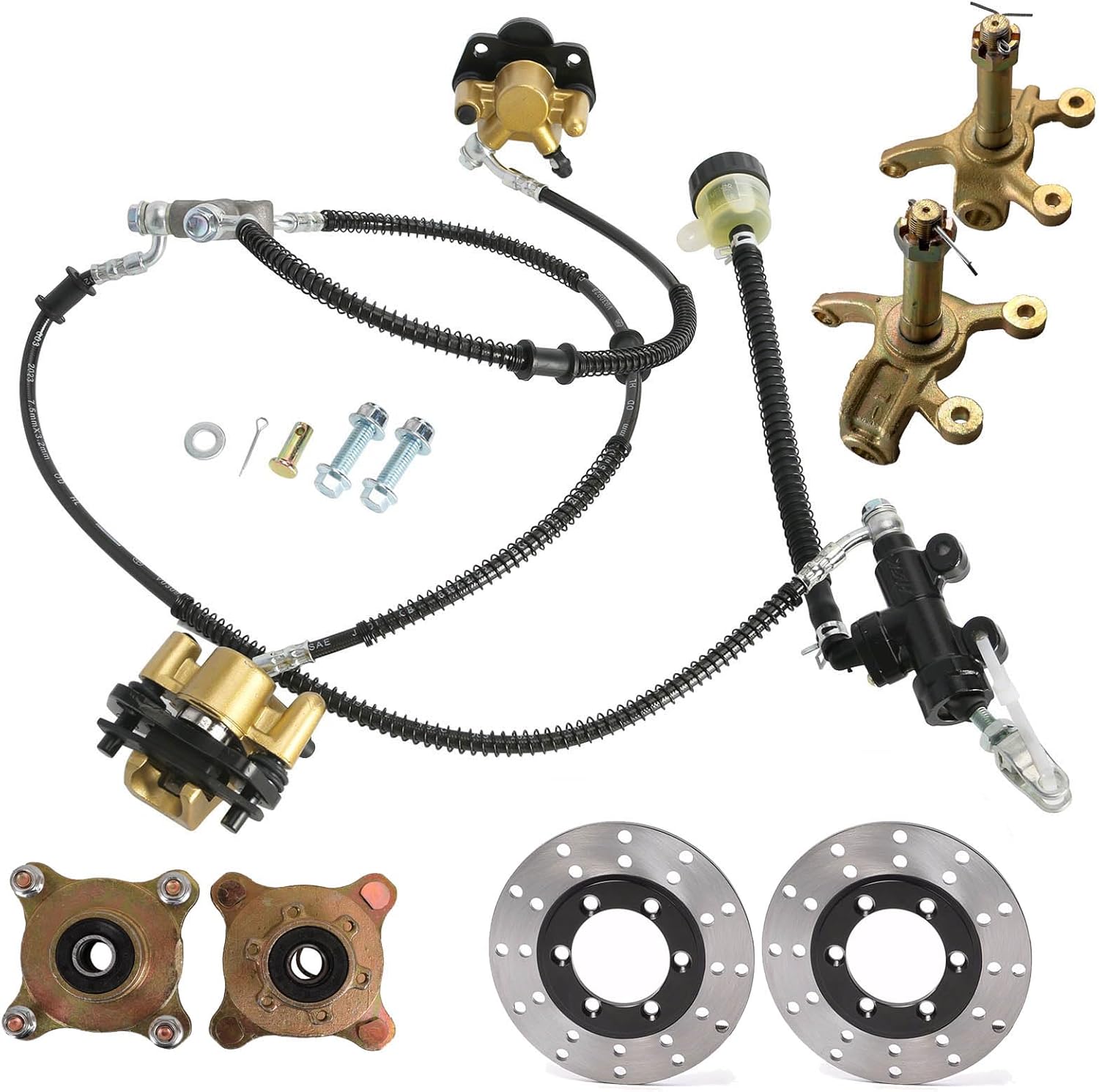 Go Kart 4 Stud Front Wheel Rim Hub Steering Spindle Knuckle w/Foot Hydraulic Brake Caliper Master Cylinder Assembly For DIY ATV Buggy Golf Cart Quad 4 Wheelers Tricycle Mini Bike