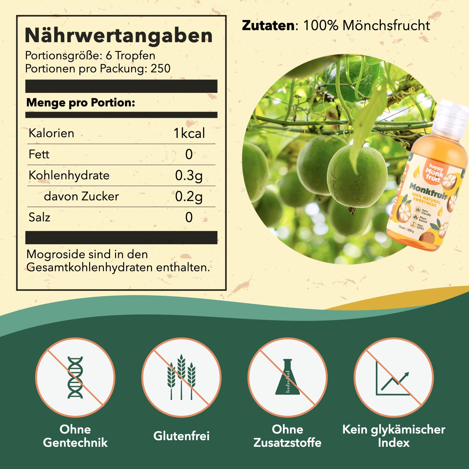 Mönchsfrucht Tropfen 75ml Süßstoff, 250 Portionen, 15x Süßer als Zucker - Monk Fruit Ohne Erythrit & Stevia - Flüssiger Zuckerersatz Natürliche Süße, Kalorienarm, Keto, Vegan | Happy Monkfruit®