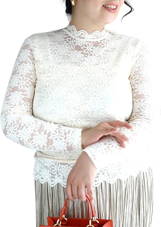 Amazon フレンチパヴェ Cawaii 超伸縮 ふくよかさん専用 花 フラワー レース インナー トップス 長袖 ホワイト 白 Tシャツ カットソー 通販