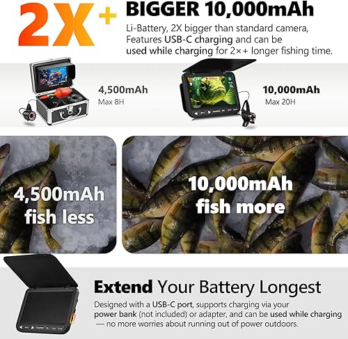 Vista 6 de FishPro® 2026 Upgrade] N.º 1 Cámara de pesca submarina HD 1080P de 7'' IPS - DVR - 32GB, con 10,000mAh (fácil de usar), cámara de pesca en hielo