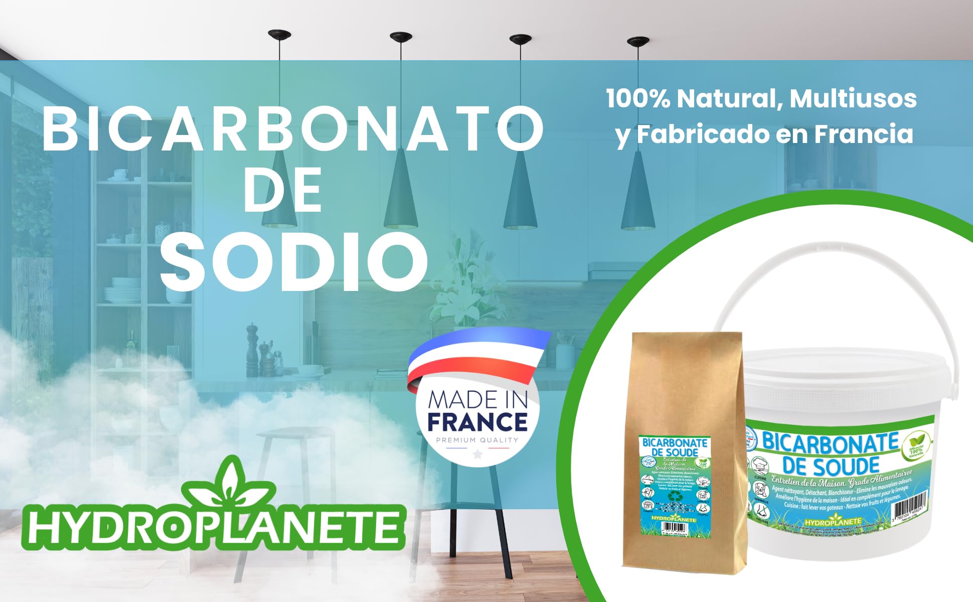 Bicarbonato Sódico Multiusos - Polvo para la Alimentación y el Hogar - Sin Aditivos y 100% Natural - Fabricado en Francia - Disponible de 1kg a 20kg - Hydroplanete