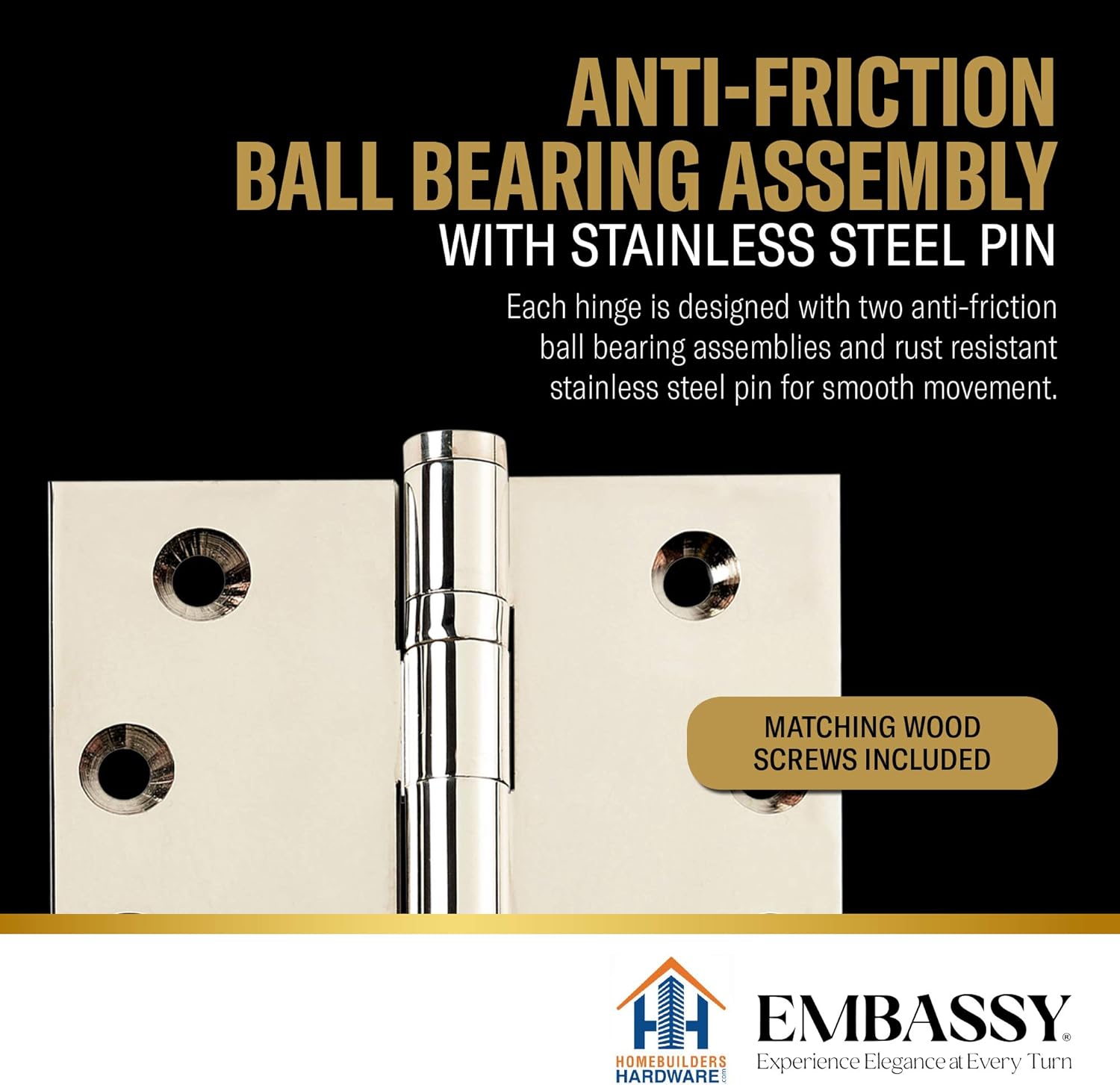 3 Pack - 3 x 3 Solid Brass Hinges - Polished Nickel (US14) with Acorn Tips