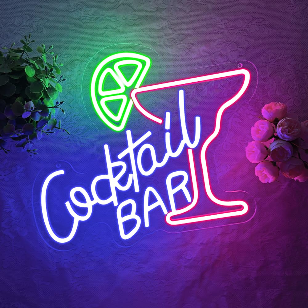 Cocktails Bar Neon Schild,Cocktails Schild Beleuchtet Wand Deko für Home Bar Schlafzimmer Club Party Pub Restaurant Shop,Buntes Dimmbare LED Neon Sign Geschenk für Männer Lady USB Powered（14.2"*11.9"）