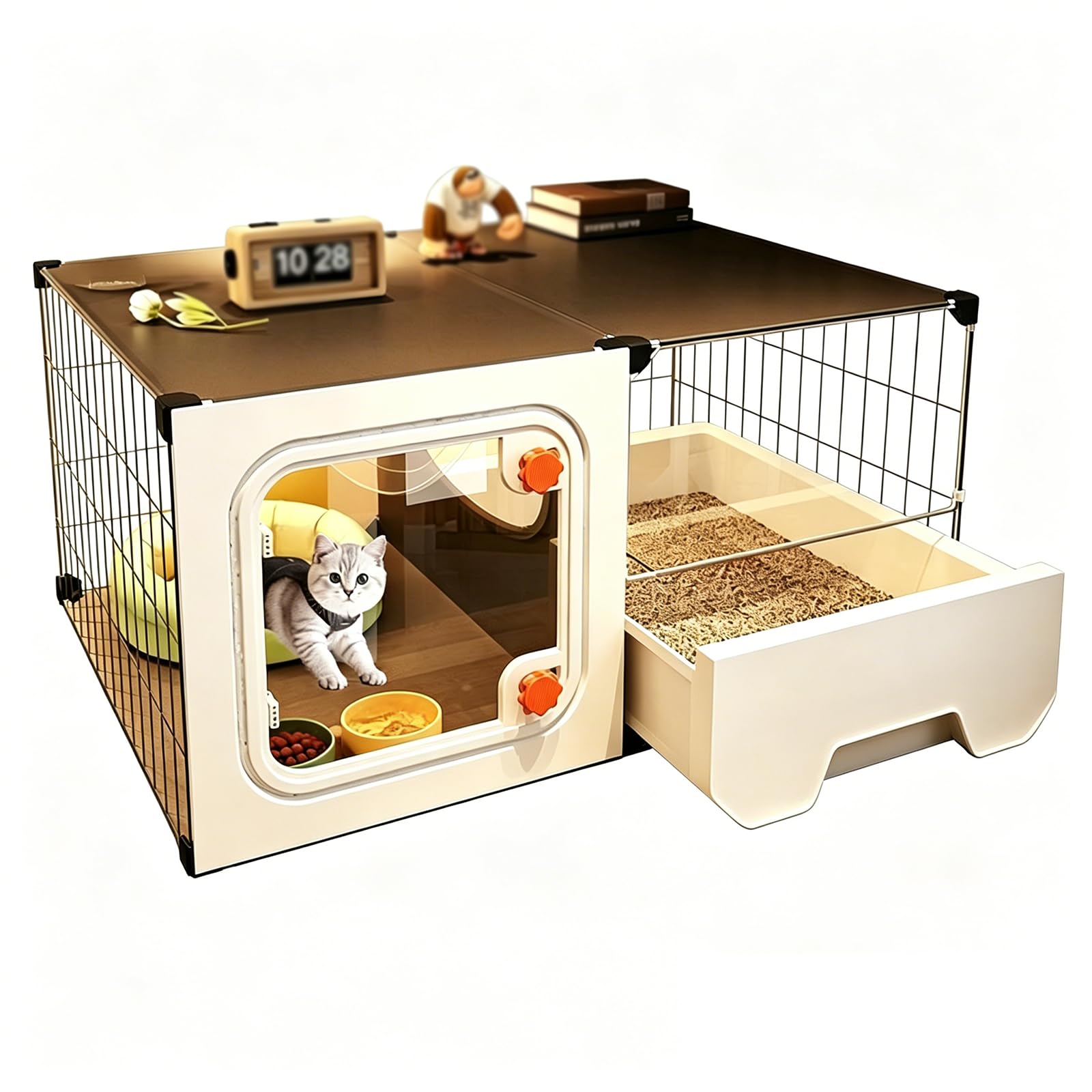 Cat House Indoor Large Cat Cage with Cats Toilet,Outdoor Cat Cages Indoor Cats Bed with Litter Box, Litter Scoop,Cat Bed,Cat Bowl,Easy Installation (C-71x46x36cm)