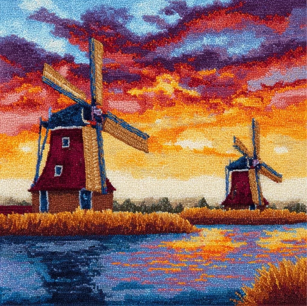 WallustrioaW DIY Rug Cushion kit 43x43cm,Windmills in the Village