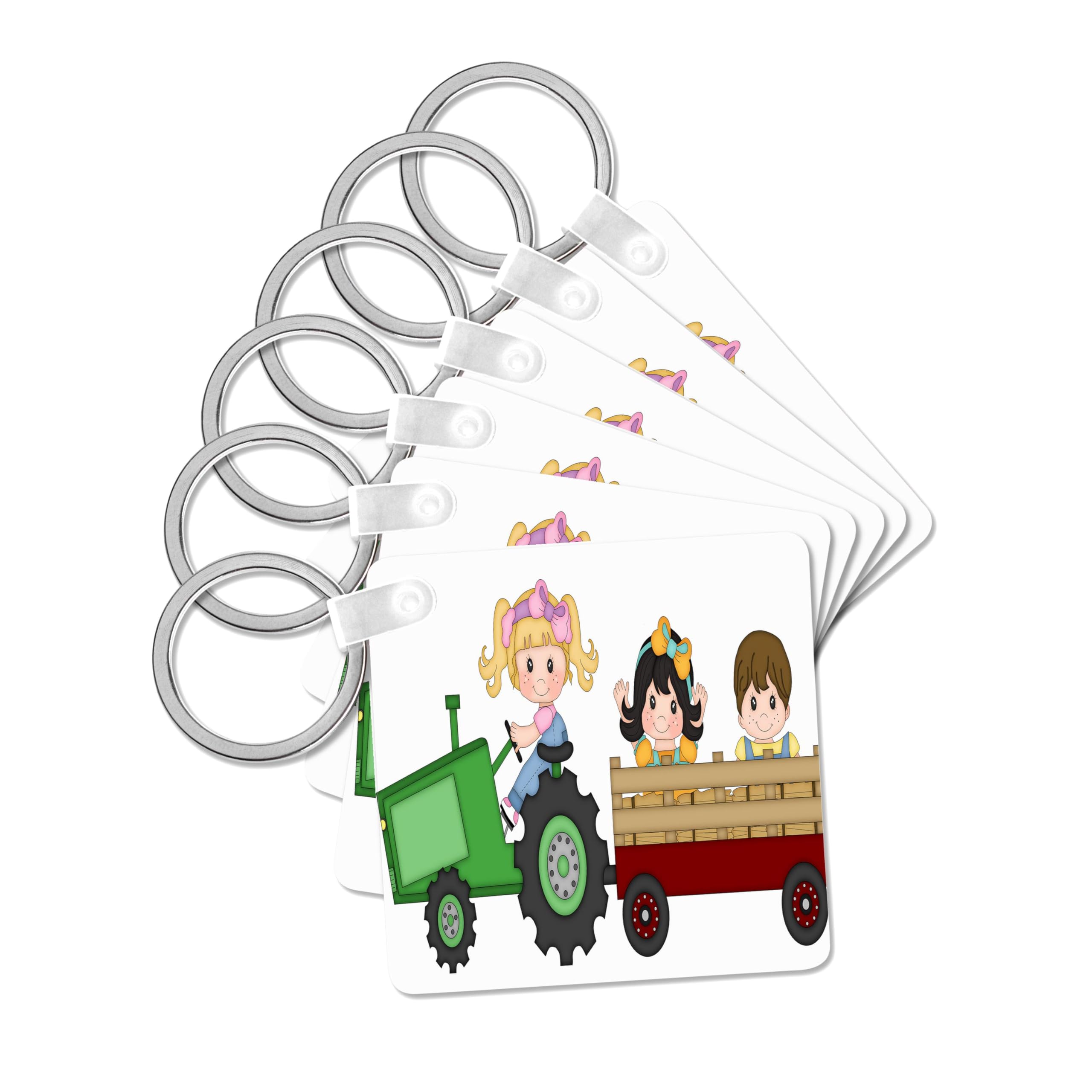 3dRose, Cute Farming Children On A Tractor and Wagon Illustration, set of 6 Key Chains