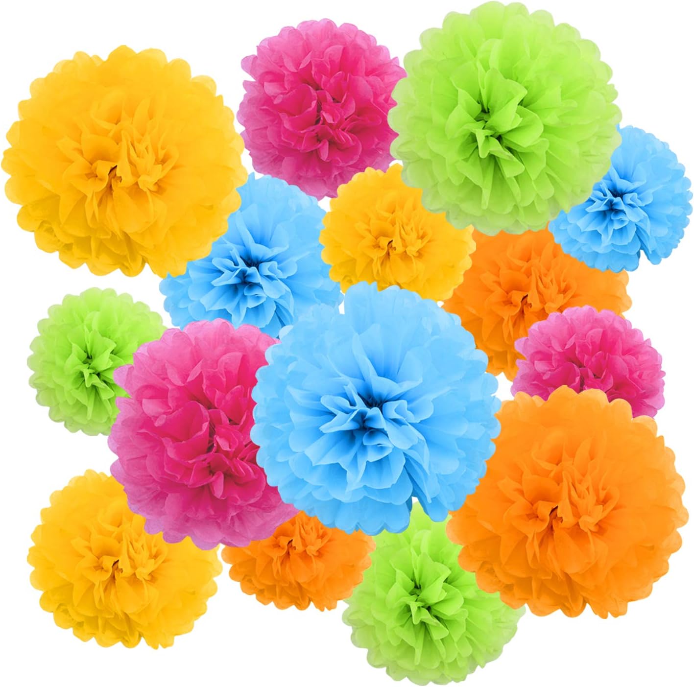 Livder Paper Flowers Bright Colorful Tissue Paper Pom Poms for Party Birthday Wedding Christmas Festive Decorations, 15 Pieces of 10, 12, 14 Inch