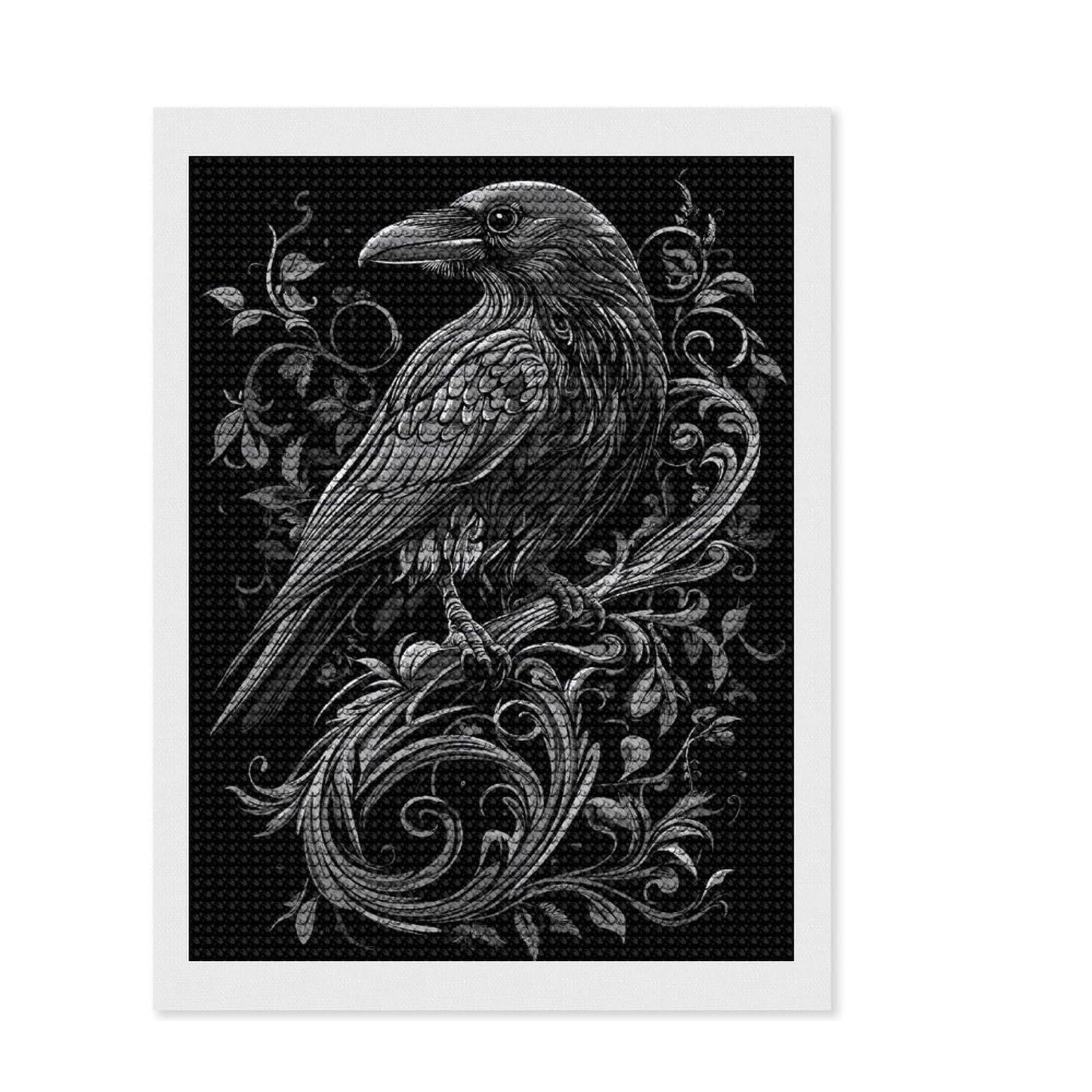 Junmoney Raven in Floral Design Diamond Painting Kit 12"x16", Christmas Gift, for Beginners, Full Kit Included, Aesthetic Room Decor, Printed Canvas