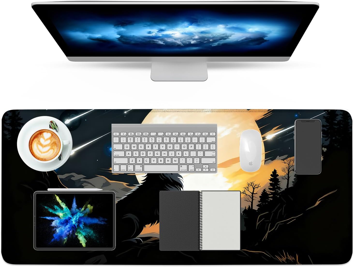 Wolf & Moon Extended Gaming Mouse Pad,35.4 x 15.7 Inch Large Mousepad with Stitched Edges,Water-Resistant Desk Mat with Non-Slip Rubber Base for Gaming,Office,Home Office