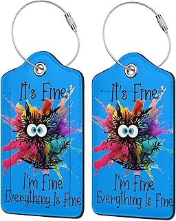 Blue I'm Fine 2 Pack Luggage Tag for Suitcase Label Cute Unique Leather Suitcase Tags Identifiers with PU Privacy Name Address Labels & Durable Steel Loop for Women Men Travel