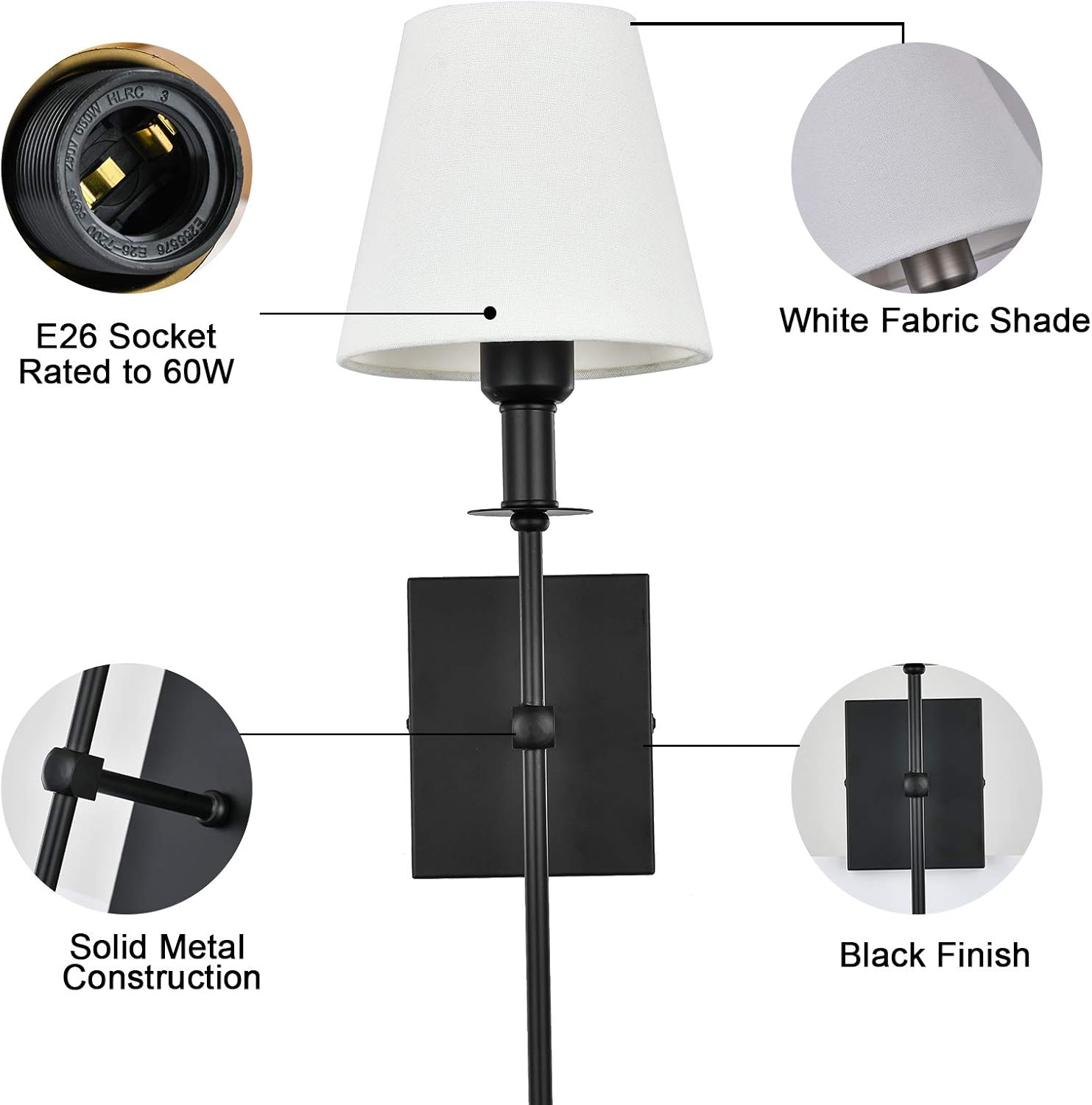 Pauwer Slim Wall Sconce Set of 2 White Fabric Shades Wall Sconce Hardwired Indoor Wall Light Column Stand Bedroom Wall Lamps Bathroom Vanity Light Fixture, Black - - 