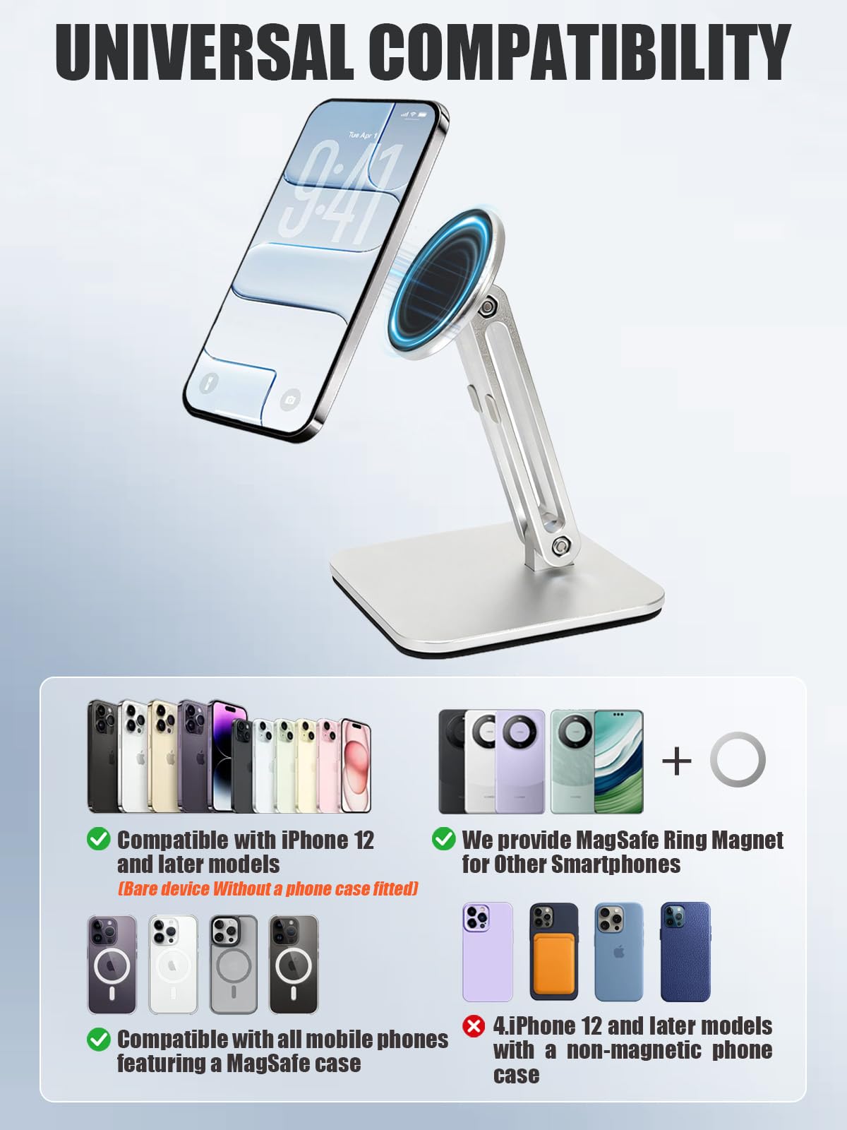 Soporte magnético para teléfono para escritorio, soporte magnético plegable y ajustable para iPhone con almohadilla antideslizante para escritorio/hogar/oficina, compatible con iPhone