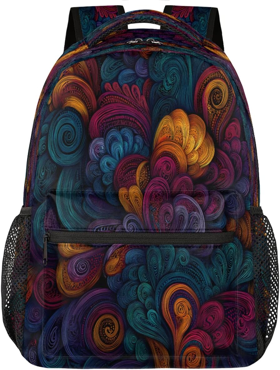 Ethnic Colorful Flower Backpack for Kids Girls Boys 16inch School Backpacks Lightweight Laptop Backpack Large Capacity Bookbag Waterproof Travel Daypack Computer College Bag Student Gym Rucksack