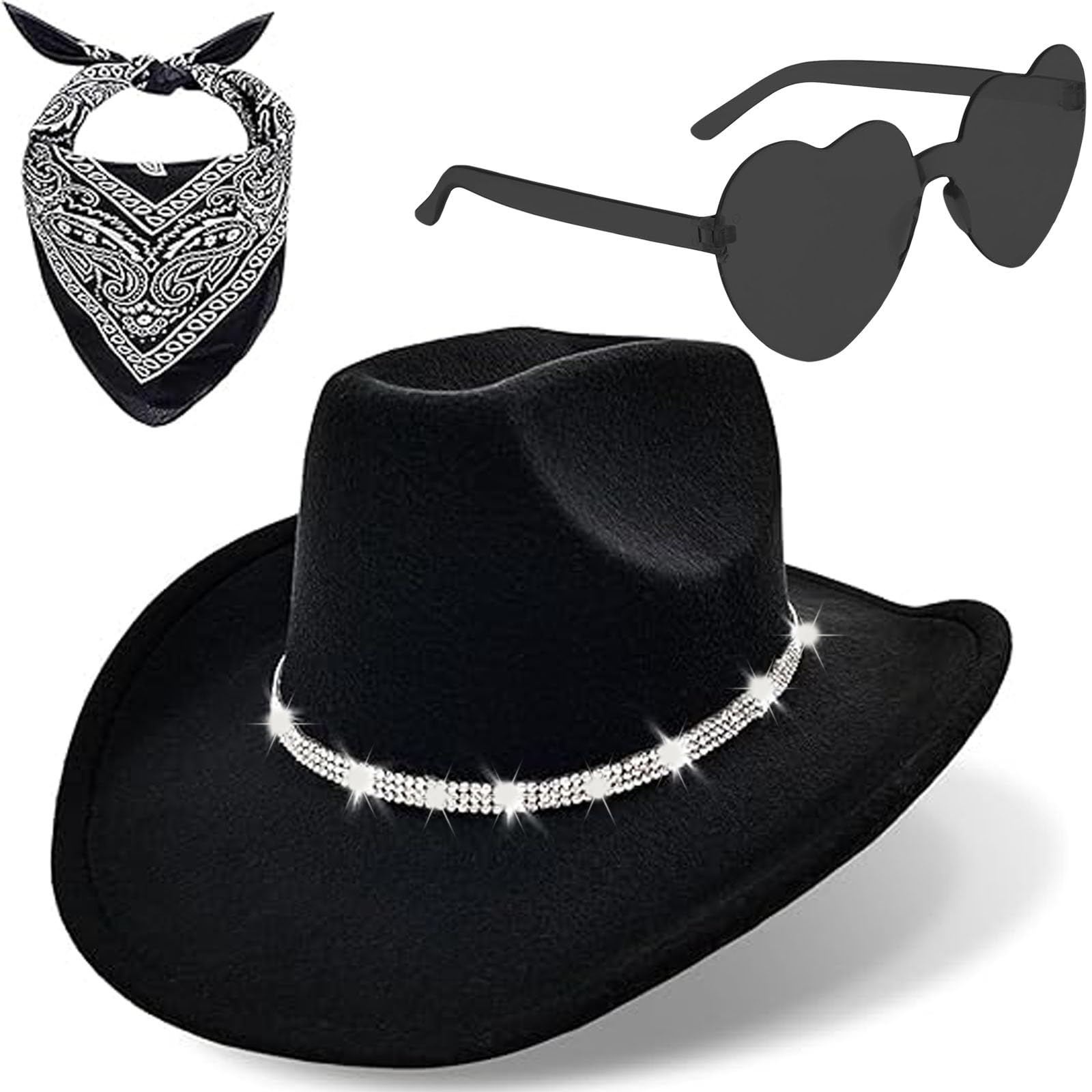 Amazleer Western Black Cowboy Hats for Women Men 3 Pcs Set Fedora Wide Brim Rhinestone Cowgirl Hat with Bandana and Evil Eye Bull Head for Fancy Dress Festivals (Black)